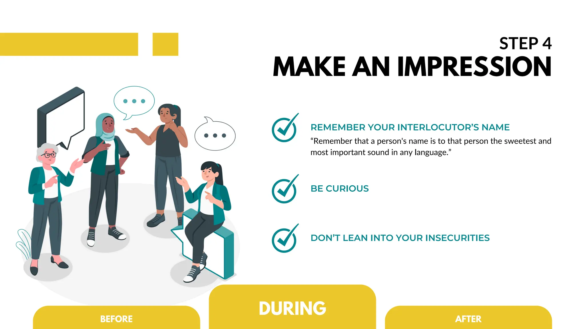 REMEMBER YOUR INTERLOCUTOR’S NAME
DON’T LEAN INTO YOUR INSECURITIES
BE CURIOUS
STEP 4
MAKE AN IMPRESSION
DURING AFTER
BEFORE
“Remember that a person's name is to that person the sweetest and
most important sound in any language.”
 