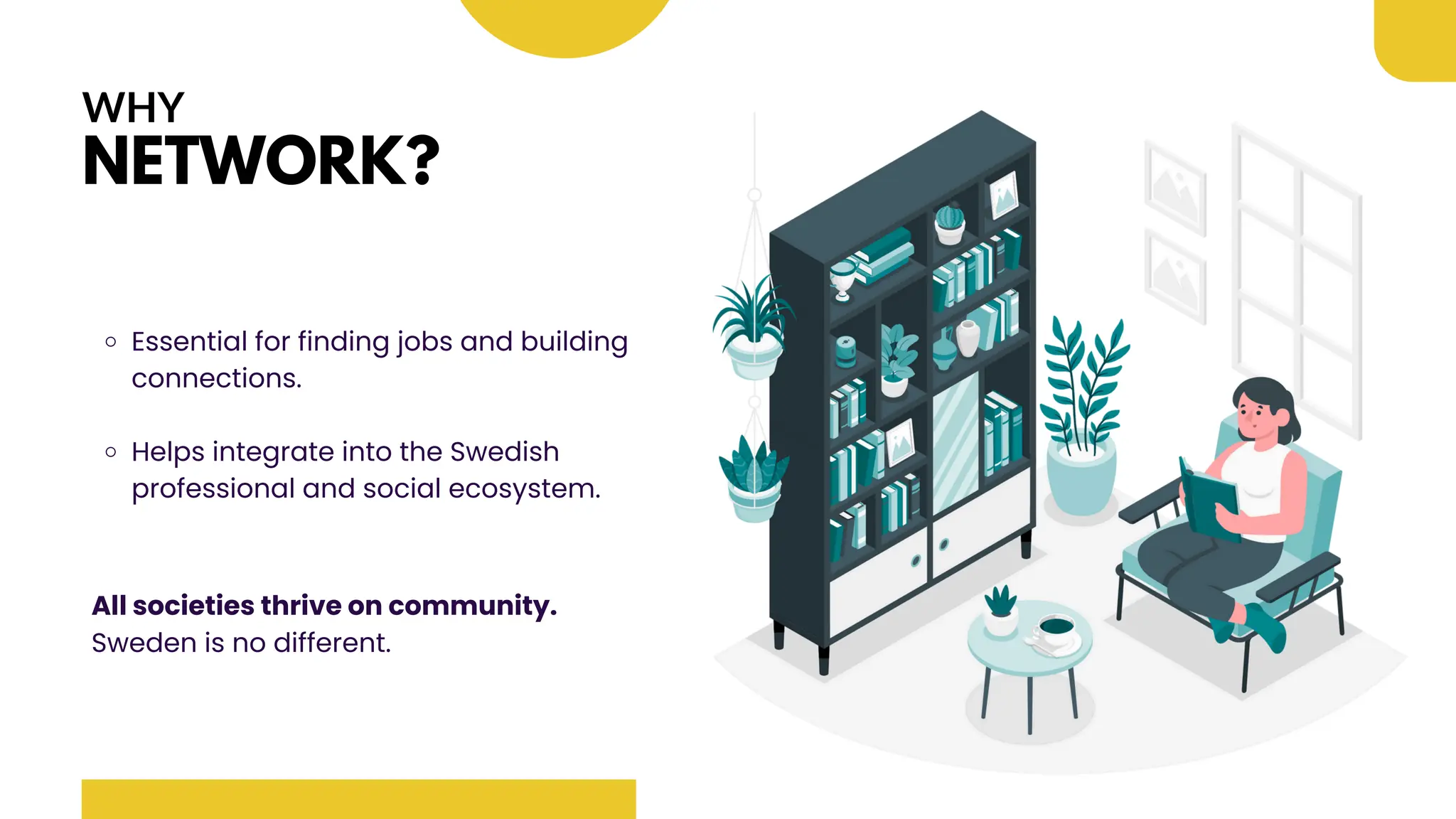WHY
NETWORK?
Essential for finding jobs and building
connections.
Helps integrate into the Swedish
professional and social ecosystem.
All societies thrive on community.
Sweden is no different.
 