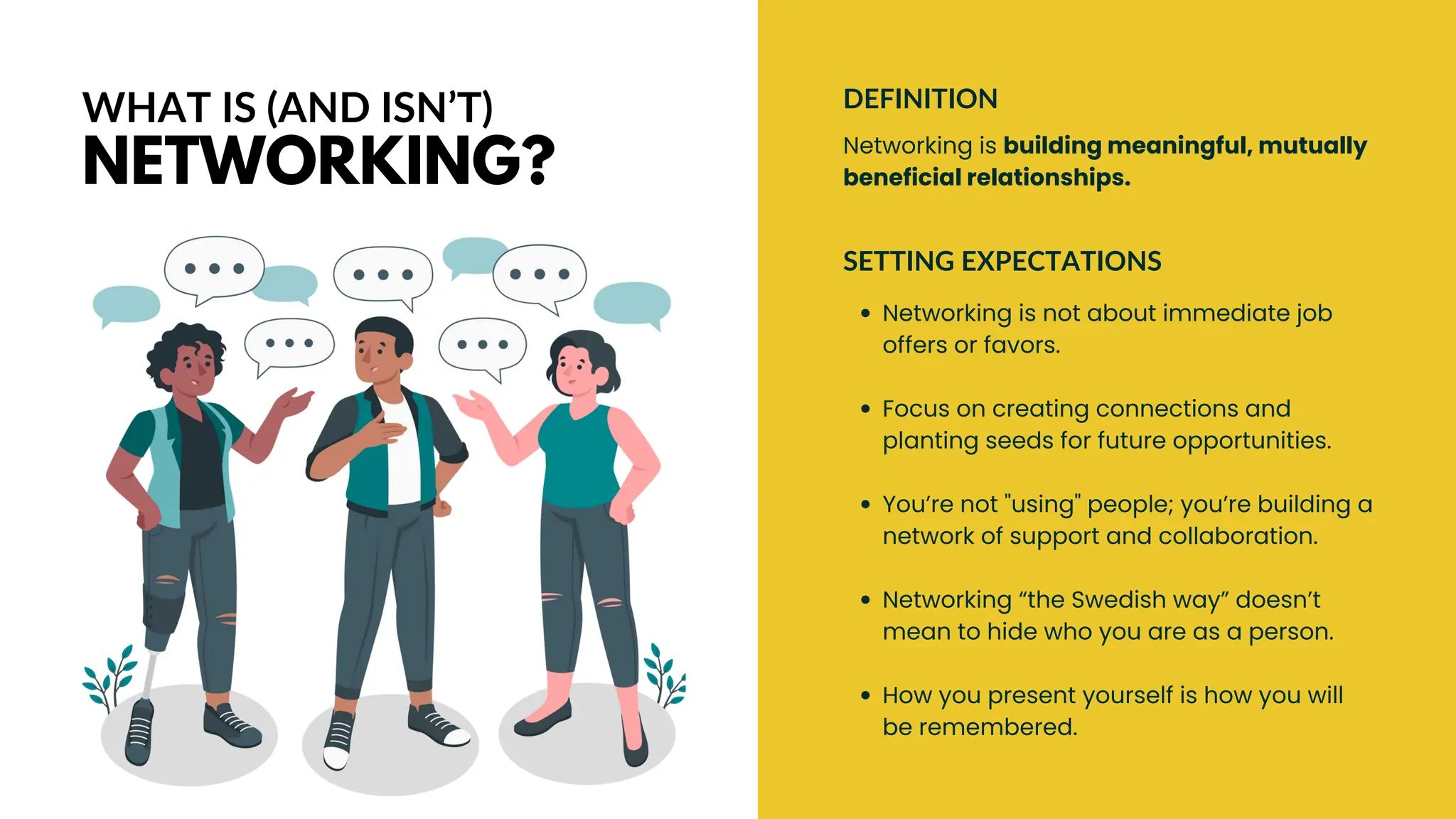 Networking is building meaningful, mutually
beneficial relationships.
DEFINITION
WHAT IS (AND ISN’T)
NETWORKING?
Networking is not about immediate job
offers or favors.
Focus on creating connections and
planting seeds for future opportunities.
You’re not "using" people; you’re building a
network of support and collaboration.
Networking “the Swedish way” doesn’t
mean to hide who you are as a person.
How you present yourself is how you will
be remembered.
SETTING EXPECTATIONS
 