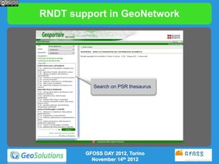 RNDT support in GeoNetwork




           Search on PSR thesaurus




        GFOSS DAY 2012, Torino
          November 14...
