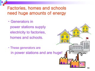 13
• Generators in
power stations supply
electricity to factories,
homes and schools.
• These generators are
in power stations and are huge!
Factories, homes and schools
need huge amounts of energy
 