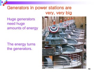 14
Generators in power stations are
very, very big
Huge generators
need huge
amounts of energy
The energy turns
the generators.
 