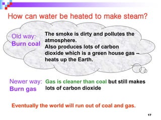 17
How can water be heated to make steam?
Old way:
Burn coal
The smoke is dirty and pollutes the
atmosphere.
Also produces lots of carbon
dioxide which is a green house gas –
heats up the Earth.
Newer way:
Burn gas
Gas is cleaner than coal but still makes
lots of carbon dioxide
Eventually the world will run out of coal and gas.
 