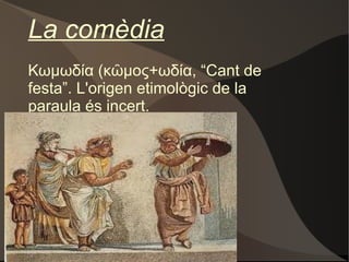 3. Eurípides (480- 406 a. C.) Va néixer a prop de Salamina. Personatge solitari, va participar poc en la vida política, i que va mantenir una estreta relació amb Sòcrates. El centre d'interès de les seves obres és l'ésser humà, ja que és el primer en analitzar-ne la psicologia.  Obres: Se li atribueixen unes 90 obres, entre les quals se'ns han conservat:  Alcestis, Medea, Els Heraclides, Hipòlit, Andròmaca, Hècuba,  entre d'altres. Jasó i Medea 