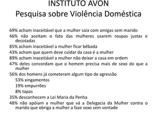 INSTITUTO AVON
Pesquisa sobre Violência Doméstica
69% acham inaceitável que a mulher saia com amigas sem marido
46% não aceitam o fato das mulheres usarem roupas justas e
decotadas
85% acham inaceitável a mulher ficar bêbada
43% acham que quem deve cuidar da casa é a mulher
89% acham inaceitável a mulher não deixar a casa em ordem
47% deles concordam que o homem precisa mais de sexo do que a
mulher
56% dos homens já cometeram algum tipo de agressão
53% xingamentos
19% empurrões
8% tapas
35% desconhecem a Lei Maria da Penha
48% não apóiam a mulher que vá a Delegacia da Mulher contra o
marido que obriga a mulher a faze sexo sem vontade
 