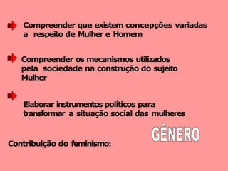 Compreender que existem concepções variadas
a respeito de Mulher e Homem
Compreender os mecanismos utilizados
pela sociedade na construção do sujeito
Mulher
Elaborar instrumentos políticos para
transformar a situação social das mulheres
Contribuição do feminismo:
 