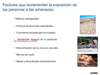 Factores que incrementan la exposición de las personas a las amenazas: Pobreza y desigualdad Prácticas de desarrollo inapropiadas Crecimiento desordenado de ciudades Distribución desigual de la población  87.5 %Urbano en Chile Mala utilización de los recursos naturales Mal uso del suelo Rápida y desordenada industrialización 