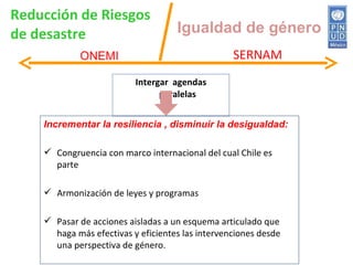 Reducción de Riesgos de desastre Intergar  agendas paralelas Igualdad de género Incrementar la resiliencia , disminuir la desigualdad: Congruencia con marco internacional del cual Chile es parte Armonización de leyes y programas Pasar de acciones aisladas a un esquema articulado que haga más efectivas y eficientes las intervenciones desde una perspectiva de género. SERNAM ONEMI 