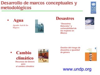 Agua Desarrollo de marcos conceptuales y metodológicos Desastres Agenda Azul de las Mujeres “ Desastres Naturales” y vulnerabilidad de las mujeres en México Gestión del riesgo de desastres e igualdad de género Cambio climático Recursos de Género para el cambio climático www.undp.org 