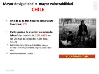 Mayor desigualdad  =  mayor vulnerabilidad CHILE Uno de cada tres hogares con jefatura femenina:  30% Participación de mujeres en mercado laboral:  ha crecido de  32% a 49%  en las últimas dos décadas  (1987-2006, CASEN). Las tareas domésticas y de cuidado siguen siendo casi exclusivamente responsabilidad de ellas. Perciben menores salarios CEPAL 2007 VULNERABILIDAD 