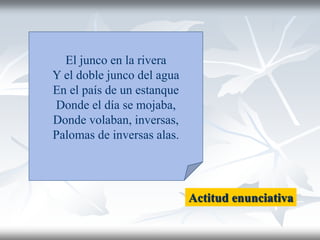 El junco en la rivera
Y el doble junco del agua
En el país de un estanque
Donde el día se mojaba,
Donde volaban, inversas,
Palomas de inversas alas.
Actitud enunciativa
 