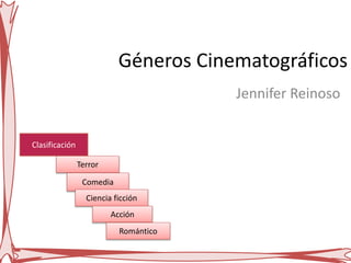 Géneros Cinematográficos
Jennifer Reinoso
Clasificación
Terror
Comedia
Ciencia ficción
Acción
Romántico
 