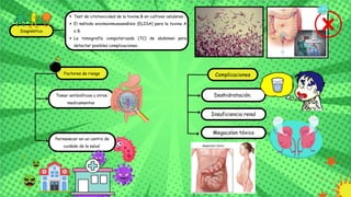 Complicaciones
Deshidratación.
Insuficiencia renal
Megacolon tóxico
Factores de riesgo
Tomar antibióticos u otros
medicamentos
Permanecer en un centro de
cuidado de la salud
Diagnóstico
Test de citotoxicidad de la toxina B en cultivos celulares .
El método enzimoinmunoanálisis (ELISA) para la toxina A
o B.
La tomografía computarizada (TC) de abdomen para
detectar posibles complicaciones.
 
