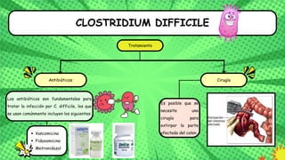 CLOSTRIDIUM DIFFICILE
Tratamiento
Antibióticos Cirugía
Los antibióticos son fundamentales para
tratar la infección por C. difficile, los que
se usan comúnmente incluyen los siguientes:
Vancomicina
Fidaxomicina
Metronidazol
Es posible que se
necesite una
cirugía para
extirpar la parte
afectada del colon.
 