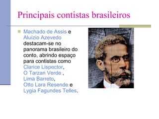 Principais contistas brasileiros Machado de Assis  e  Aluízio Azevedo  destacam-se no panorama brasileiro do conto, abrindo espaço para contistas como  Clarice Lispector ,  O Tarzan Verde  ,  Lima Barreto ,  Otto Lara Resende  e  Lygia Fagundes Telles .  