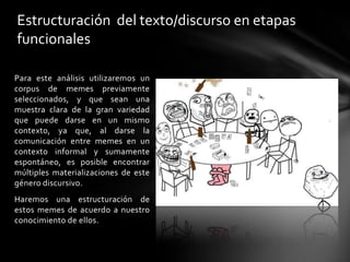 Para este análisis utilizaremos un
corpus de memes previamente
seleccionados, y que sean una
muestra clara de la gran variedad
que puede darse en un mismo
contexto, ya que, al darse la
comunicación entre memes en un
contexto informal y sumamente
espontáneo, es posible encontrar
múltiples materializaciones de este
género discursivo.
Haremos una estructuración de
estos memes de acuerdo a nuestro
conocimiento de ellos.
Estructuración del texto/discurso en etapas
funcionales
 