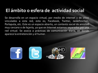Se desarrolla en un espacio virtual, por medio de internet y de sitios
vinculados a esta red, esto es; Facebook, Twitter, Jaidefinichon,
Porlaputa, etc. Este es un espacio abierto, un contexto social de amistad
muy cercano o de lejanía, ya que en Internet estamos separados por una
red virtual. Se asocia a prácticas de comunicación diaria, en donde
aparece la entretención y el humor.
El ámbito o esfera de actividad social
 