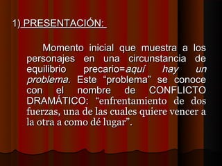 1) PRESENTACIÓN:

      Momento inicial que muestra a los
  personajes en una circunstancia de
  equilibrio   precario=aquí      hay    un
  problema. Este “problema” se conoce
  con el nombre de CONFLICTO
  DRAMÁTICO: “enfrentamiento de dos
  fuerzas, una de las cuales quiere vencer a
  la otra a como dé lugar”.
 