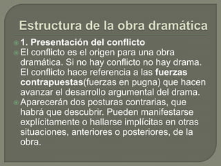 Estructura de la obra dramática1. Presentación del conflictoEl conflicto es el origen para una obra dramática. Si no hay conflicto no hay drama. El conflicto hace referencia a las fuerzas contrapuestas(fuerzas en pugna) que hacen avanzar el desarrollo argumental del drama.Aparecerán dos posturas contrarias, que habrá que descubrir. Pueden manifestarse explícitamente o hallarse implícitas en otras situaciones, anteriores o posteriores, de la obra.