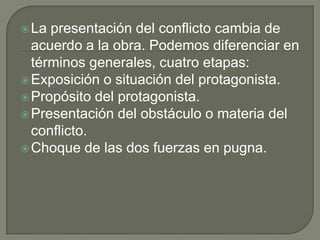 La presentación del conflicto cambia de acuerdo a la obra. Podemos diferenciar en términos generales, cuatro etapas:Exposición o situación del protagonista.Propósito del protagonista.Presentación del obstáculo o materia del conflicto.Choque de las dos fuerzas en pugna.