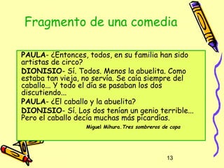 Fragmento de una comedia

PAULA- ¿Entonces, todos, en su familia han sido
artistas de circo?
DIONISIO- Sí. Todos. Menos la abuelita. Como
estaba tan vieja, no servía. Se caía siempre del
caballo... Y todo el día se pasaban los dos
discutiendo...
PAULA- ¿El caballo y la abuelita?
DIONISIO- Sí. Los dos tenían un genio terrible...
Pero el caballo decía muchas más picardías.
                  Miguel Mihura.Tres sombreros de copa




                                                13
 