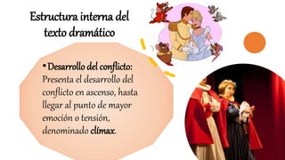 Estructura interna del
texto dramático
•Desarrollo del conflicto:
Presenta el desarrollo del
conflicto en ascenso, hasta
llegar al punto de mayor
emoción o tensión,
denominado clímax.
 