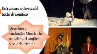 Estructura interna del
texto dramático
Desenlace o
resolución: Muestra la
solución del conflicto
y se le da término.
 