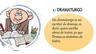 1.- DRAMATURGO
Un dramaturgo es un
escritor de dramas, es
decir, quien escribe
obras de teatro, ya que
Drama es sinónimo de
teatro.
 