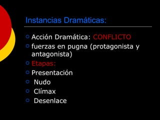 Instancias Dramáticas: Acción Dramática:  CONFLICTO fuerzas en pugna (protagonista y antagonista) Etapas:  Presentación Nudo Clímax  Desenlace 