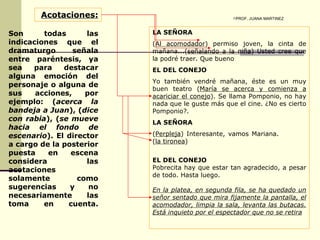 Acotaciones: Son todas las indicaciones que el dramaturgo señala entre paréntesis, ya sea para destacar alguna emoción del personaje o alguna de sus acciones, por ejemplo: ( acerca la bandeja a Juan ), ( dice con rabia ), ( se mueve hacia el fondo de escenario ). El director a cargo de la posterior puesta en escena considera las acotaciones solamente como sugerencias y no necesariamente las toma en cuenta.         LA SEÑORA ( Al acomodador ) permiso joven, la cinta de mañana...( señalando a la niña ) Usted cree que la podré traer. Que bueno EL DEL CONEJO Yo también vendré mañana, éste es un muy buen teatro ( María se acerca y comienza a acariciar el conejo ). Se llama Pomponio, no hay nada que le guste más que el cine. ¿No es cierto Pomponio?. LA SEÑORA ( Perpleja ) Interesante, vamos Mariana.  ( la tironea ) EL DEL CONEJO Pobrecita hay que estar tan agradecido, a pesar de todo. Hasta luego.   En la platea, en segunda fila, se ha quedado un señor sentado que mira fijamente la pantalla, el acomodador, limpia la sala, levanta las butacas. Está inquieto por el espectador que no se retira . PROF. JUANA MARTINEZ 