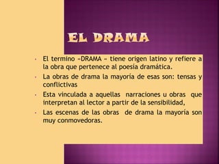 •

•

•

•

El termino «DRAMA « tiene origen latino y refiere a
la obra que pertenece al poesía dramática.
La obras de drama la mayoría de esas son: tensas y
conflictivas
Esta vinculada a aquellas narraciones u obras que
interpretan al lector a partir de la sensibilidad,
Las escenas de las obras de drama la mayoría son
muy conmovedoras.

 