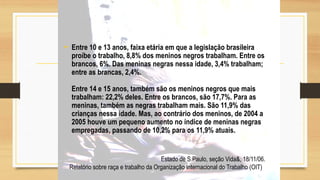 • Entre 10 e 13 anos, faixa etária em que a legislação brasileira
proíbe o trabalho, 8,8% dos meninos negros trabalham. Entre os
brancos, 6%. Das meninas negras nessa idade, 3,4% trabalham;
entre as brancas, 2,4%.
Entre 14 e 15 anos, também são os meninos negros que mais
trabalham: 22,2% deles. Entre os brancos, são 17,7%. Para as
meninas, também as negras trabalham mais. São 11,9% das
crianças nessa idade. Mas, ao contrário dos meninos, de 2004 a
2005 houve um pequeno aumento no índice de meninas negras
empregadas, passando de 10,2% para os 11,9% atuais.
Estado de S.Paulo, seção Vida&, 18/11/06.
Relatório sobre raça e trabalho da Organização Internacional do Trabalho (OIT)
 