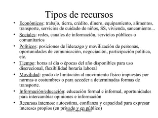Tipos de recursos
• Económicos: trabajo, tierra, crédito, dinero, equipamiento, alimentos,
transporte, servicios de cuidado de niños, SS, vivienda, saneamiento...
• Sociales: redes, canales de información, servicios públicos o
comunitarios
• Políticos: posiciones de liderazgo y movilización de personas,
oportunidades de comunicación, negociación, participación política,
etc.
• Tiempo: horas al día o épocas del año disponibles para uso
discrecional, flexibilidad horaria laboral
• Movilidad: grado de limitación al movimiento físico impuestas por
normas o costumbres o para acceder a determinadas formas de
transporte.
• Información/educación: educación formal e informal, oportunidades
para intercambiar opiniones e información
• Recursos internos: autoestima, confianza y capacidad para expresar
intereses propios (en privado y en público)
Irene López Méndez

 