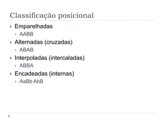 Classificação posicionalEmparelhadasAABBAlternadas (cruzadas)ABABInterpoladas (intercaladas)ABBAEncadeadas (internas)AaBbAbB