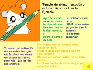 Temple de ánimo : emoción o
estado anímico del poeta.
Ejemplo:
Ayer te escribí
un verso, donde
te digo mi amor
inmenso, hoy te
lo doy impreso,
y
quiero a cambio
un beso.
Tu amor, mi motivación.
Me encantan tus ojos
me fascinan tus manos
me gustan tus labios
pero más, que los dos
nos amamos.
La amistad es una
perla
difícil de encontrar
ya que tu y yo la
tenemos
la debemos
conservar.
¡Oh, viejas moscas voraces como
abejas en abril,
viejas moscas pertinaces sobre mi
calva infantil!
¡Moscas del primer hastío, en el salón
familiar,
las claras tardes de estío en que yo
empecé a soñar!.
 