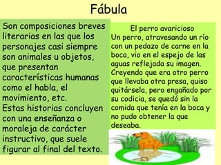 Fábula
Son composiciones breves
literarias en las que los
personajes casi siempre
son animales u objetos,
que presentan
características humanas
como el habla, el
movimiento, etc.
Estas historias concluyen
con una enseñanza o
moraleja de carácter
instructivo, que suele
figurar al final del texto.
El perro avaricioso
Un perro, atravesando un río
con un pedazo de carne en la
boca, vio en el espejo de las
aguas reflejada su imagen.
Creyendo que era otro perro
que llevaba otra presa, quiso
quitársela, pero engañado por
su codicia, se quedó sin la
comida que tenía en la boca y
no pudo obtener la que
deseaba.
 