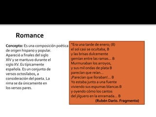 Romance
Concepto: Es una composición poética
de origen hispano y popular.
Apareció a finales del siglo
XIV y se mantuvo durante el
siglo XV. Es típicamente
española. Es un conjunto de
versos octosílabos, a
consideración del poeta. La
rima se da únicamente en
los versos pares.

“Era una tarde de enero; (8)
el sol casi se ocultaba, B
y las brisas dulcemente
gemían entre las ramas… B
Murmuraban los arroyos,
y sus mil ondas de plata B
parecían que reían…
¡Parecían que lloraban!... B
Yo estaba junto a una fuente
viviendo sus espumas blancas B
y oyendo cómo los cantos
del jilguero en la enramada… B
(Rubén Darío. Fragmento)

 