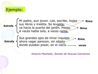 Ejemplo:

          Mi padre, aun joven. Lee, escribe, hojea          Rima
          sus libros y medita. Se levanta;
Estrofa
          va hacia la puerta del jardín. Pasea.       Rima
          A veces habla solo, a veces canta.

          Sus grandes ojos de mirar inquieto         Rima
Estrofa   ahora vagar parecen, sin objeto
          donde puedan posar, en el vacío.           verso


                  Antonio Machado, Soneto de Nuevas Canciones
 