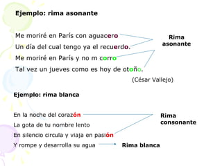 Ejemplo: rima asonante


Me moriré en París con aguacero                         Rima
                                                      asonante
Un día del cual tengo ya el recuerdo.
Me moriré en París y no m corro
Tal vez un jueves como es hoy de otoño.
                                          (César Vallejo)

Ejemplo: rima blanca


En la noche del corazón                               Rima
La gota de tu nombre lento                            consonante

En silencio circula y viaja en pasión
Y rompe y desarrolla su agua            Rima blanca
 