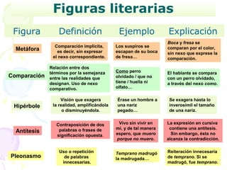 Figuras literarias
 Figura           Definición                  Ejemplo              Explicación
                                                                   Boca y fresa se
                Comparación implícita,       Los suspiros se       comparan por el color,
  Metáfora       es decir, sin expresar      escapan de su boca    sin nexo que exprese la
               el nexo correspondiente.      de fresa…             comparación.

              Relación entre dos
              términos por la semejanza      Como perro            El hablante se compara
Comparación   entre las realidades que       olvidado / que no     con un perro olvidado,
              designan. Uso de nexo          tiene / huella ni     a través del nexo como.
              comparativo.                   olfato…

                   Visión que exagera        Érase un hombre a      Se exagera hasta lo
 Hipérbole     la realidad, amplificándola   una nariz              inverosímil el tamaño
                    o disminuyéndola.        pegado…                de una nariz.


                 Contraposición de dos        Vivo sin vivir en    La expresión en cursiva
                  palabras o frases de       mí, y de tal manera    contiene una antítesis.
  Antítesis                                  espero, que muero       Sin embargo, ésta no
                 significación opuesta.
                                             porque no muero.      alcanza la contradicción.

                  Uso o repetición           Temprano madrugó      Reiteración innecesaria
Pleonasmo           de palabras              la madrugada…         de temprano. Si se
                   innecesarias.                                   madrugó, fue temprano.
 