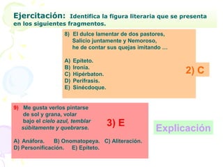 Ejercitación:      Identifica la figura literaria que se presenta
en los siguientes fragmentos.
                    8) El dulce lamentar de dos pastores,
                       Salicio juntamente y Nemoroso,
                       he de contar sus quejas imitando …

                    A)   Epíteto.
                    B)   Ironía.
                    C)   Hipérbaton.                        2) C
                    D)   Perífrasis.
                    E)   Sinécdoque.


9) Me gusta verlos pintarse
    de sol y grana, volar
    bajo el cielo azul, temblar
                                       3) E
   súbitamente y quebrarse.                         Explicación
A) Anáfora.    B) Onomatopeya. C) Aliteración.
D) Personificación. E) Epíteto.
 