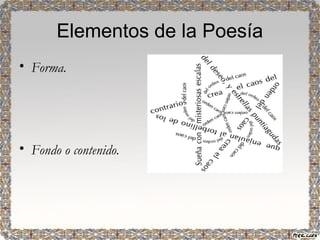 Elementos de la Poesía 
• Forma. 
• Fondo o contenido. 
 