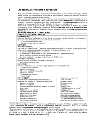 9
3 LAS FIGURAS LITERARIAS O RETÓRICAS
Son procedimientos estilísticos que sirven para embellecer y dar riqueza al lenguaje, reforzar
ideas, otorgar un suplemento de significado a las palabras y hacer surgir sentidos nuevos en
nuestra percepción y relación con el mundo.
Existe un conjunto enorme de figuras retóricas, unas tan familiares como la metáfora y otras
tan desconocidas para el lector común, pero utilizadas, como la epanortosis (corrección leve de
una idea: “te espero en el cine, más bien a sus puertas…”) o la paronomasia (utilización de
palabras semejantes en la forma: “sus actitudes devinieron en aptitudes…”).
Sobre este enorme conjunto, la PSU de Lenguaje, según documentos de trabajo del DEMRE,
considera un grupo acotado de figuras que denomina las más básicas y elementales del
lenguaje. Te presentaremos éstas con algunos agregados, luego una lista complementaria
de figuras.
FIGURAS BÁSICAS Y ELEMENTALES1
FIGURA, DEFINICIÓN Y EJEMPLOS
COMPARACIÓN:
Relaciona dos ideas u objetos en virtud de su semejanza, usando conectores comparativos:
igual que, cual, parecido a, más que, menos que, como, etc.
“El río como serpiente de plata.”
“Tus dientes cual blancos marfiles.”
METÁFORA
(metáfora perfecta)
Sustituye una idea por otra(s), en virtud de su semejanza implícita o agrega el sentido figurado
del término. Indica identificación (asimilación) de un elemento con el otro.
“La serpiente de plata recorre la llanura”.
(Un elemento: “la serpiente de plata” reemplaza a “río”; el término propio)
El río, serpiente de plata, recorre la llanura.
(La frase explicativa agrega el sentido figurado del término)
(metáfora imperfecta)
Predica una cosa de otra en virtud de su semejanza.
El río es serpiente de plata
SINESTESIA
Relaciona elementos que pertenecen a percepciones sensoriales diferentes.
“¡El campo está sabroso!”
(visual gustativo)
“El sonido azul de la trompeta”.
(auditivo visual)
“Paisaje sedoso y suave.”
(visual táctil)
SINÉCDOQUE2
Sustitución de un término por otro con el que
mantiene una relación de contigüidad semántica
La parte por el todo
El todo por la parte.
Palabra de sentido amplio por palabra de sentido
restringido
El género por la especie.
Le especie por el género.
El singular por el plural.
El plural por el singular.
Materia por objeto.
Abstracto por concreto.
Concreto por abstracto.
Continente por contenido
Autor por obra
Causa por efecto
Efecto por causa
Ejemplos:
Parteportodo:
“Pidió la mano de su novia.”
Todoporparte:
“Jugó en el estadio.”
(Por la cancha del estadio)
Palabradesentidoampliopor
palabradesentidorestringido:
“Los trabajadores levantaron el
muro”(por los obreros levantaron …)
1
Hemos delimitado algunos conceptos siguiendo específicamente a Angelo Marchesse y Joaquín Forradellas
(1989) Diccionario de retórica, crítica y terminología literaria, Barcelona, Ariel; y a Demetrio
Estébanez (1996) Diccionario de términos literarios, Madrid, Alianza.
2
Entre sinécdoque y metonimia no se suele establecer hoy gran diferencia. En ambos casos se trata de una
sustitución, ya sea tomando la parte por el todo, la materia por el producto, un indicio somático en lugar de
una época de la vida, el autor por su obra, la causa por el efecto, etc. Véase Wolfgang Kayser,
Interpretación y análisis de la obra literaria, p. 152
 
