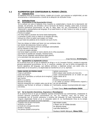 1.1 ELEMENTOS QUE CONFIGURAN EL MUNDO LÍRICO. 
a) Hablante lírico 
El hablante lírico es un emisor ficticio, creado por el autor, que expresa su subjetividad, ya sea 
directamente o indirectamente a través de la adopción de actitudes líricas. 
b) Actitudes líricas 
b.1 Enunciativa (o de Enunciación Lírica): 
Es la actitud con que el hablante lírico muestra su subjetividad a través de la descripción del 
paisaje, de personas, de animales o de la narración de hechos. Emplea, sobre todo, la tercera 
persona gramatical (pronombres: él, ella, lo, ellos, ellas, los, se). Corresponde a la función 
referencial o representativa del lenguaje. El yo está frente a un ello, frente a un ente, lo capta y 
lo expresa. Ejemplo: 
“Como en juegos 
los niños bajan a picotear las horas hasta deshojarlas 
y ponerlas a arder como si nada en el resuello del cielo, 
porque los niños no saben que juegan con fuego 
y que hasta las palabras de la creación son puro humo. 
Pero los relojes no hallan qué hacer con sus ventanas rotas 
por donde las estaciones manan a gritos 
huyendo a manos llenas entre la ornitología sobresaltada 
de los infantes a todo color. 
Y como en juegos salvajes 
las horas bajan a picotear el rostro abierto de lo niños asustados 
que hacen lo posible por escapar, hacerse humo, 
tomar las de villadiego internándose edad adentro 
a la velocidad más que astuta de los años.” 
3 
Jorge Naranjo, Ornitologías. 
b.2 Apostrófica (o Apóstrofe Lírico): 
Es la actitud lírica con la que el hablante se dirige a un tú (receptor ficticio), emplea la segunda 
persona gramatical (pronombres: tú, te, ti, vosotros, ustedes, os), por lo tanto corresponde a la 
función apelativa del lenguaje. Las esferas anímicas y objetivas actúan una sobre otra, se 
desarrollan en el encuentro y la objetividad se transforma en un tú. Ejemplo: 
PARA HACER UN POEMA DADÁ 
“Coja un periódico. 
Coja unas tijeras. 
Escoja en el periódico un artículo de la longitud 
que cuenta 
Darle a su poema. 
Recorte el artículo. 
Recorte enseguida con cuidado cada una de las 
palabras que forman el artículo y métalas en 
una bolsa. 
Agítela suavemente. 
Ahora saque cada recorte uno tras otro. 
Copie concienzudamente en el orden en que 
hayan salido de la 
bolsa. 
El poema se parecerá a usted. 
Y es usted un escritor infinitamente original y 
de una sensibilidad 
hechizante, aunque incomprendida del vulgo.” 
Tristan Tzara, Siete manifiestos DADA 
b.3 De la Canción (Carmínica, Expresiva o Monológica): 
Es la actitud lírica en la que el hablante expresa directamente sus sentimientos, empleando la 
primera persona gramatical (pronombres yo, me, mi, nosotros, nos). Por lo tanto, se 
corresponde con la función expresiva o emotiva del lenguaje. Es todo interioridad, no hay 
ninguna objetividad frente al yo ni actuando sobre él. La manifestación lírica es la simple 
autoexpresión del estado de ánimo Ejemplo: 
“Cuando miro el azul horizonte 
perderse a lo lejos 
a través de una gasa de polvo 
dorado e inquieto, 
me parece posible arrancarme 
del mísero suelo, 
y flotar con la niebla dorada 
en átomos leves 
cual ella deshecho.” 
Gustavo Adolfo Bécquer, Rima VIII. 
 