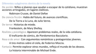 Diferentes subgéneros dentro de la novela
De acción: Niños o jóvenes que ayudan a escapar de lo cotidiano, muestran
acciones arriesgadas, en lugares exóticos.
Robinson Crusoe, de Daniel Defoe
De ciencia ficción: Habla del futuro, de avances científicos.
De la Tierra a la Luna, de Julio Verne.
De terror: Historias de miedo.
Frankestein, de Mary Shelley.
Realista y psicológica: Aparecen problemas reales, de la vida cotidiana.
El traficante de cómics, de Pierdomenico Baccalario.
Rosa o de amor: Con argumentos románticos y protagonistas jóvenes.
A tres metros sobre el cielo, de Federico Moccia.
Fantasía: Permite explorar otros mundos, refleja el mundo de los deseos.
La historia interminable de Michael Ende.
 