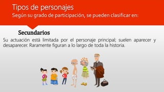 Tipos de personajes
Secundarios
Su actuación está limitada por el personaje principal; suelen aparecer y
desaparecer. Raramente figuran a lo largo de toda la historia.
Según su grado de participación, se pueden clasificar en:
 