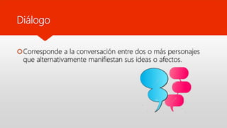 Diálogo
Corresponde a la conversación entre dos o más personajes
que alternativamente manifiestan sus ideas o afectos.
 