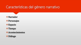 Características del género narrativo
Narrador
Personajes
Espacio
Tiempo
Acontecimientos
Diálogo
 