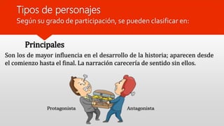 Tipos de personajes
Principales
Son los de mayor influencia en el desarrollo de la historia; aparecen desde
el comienzo hasta el final. La narración carecería de sentido sin ellos.
Según su grado de participación, se pueden clasificar en:
Protagonista Antagonista
 