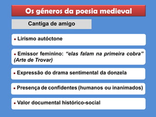 Os géneros da poesia medieval
Cantiga de amigo
● Emissor feminino: “elas falam na primeira cobra”
(Arte de Trovar)
● Expressão do drama sentimental da donzela
● Presença de confidentes (humanos ou inanimados)
● Valor documental histórico-social
● Lirismo autóctone
 